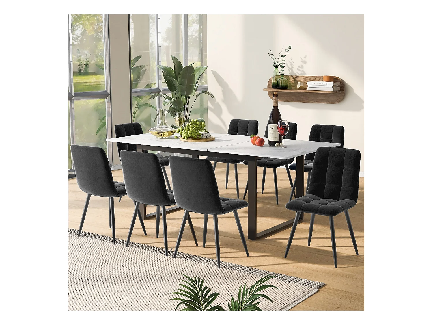 Ensemble table à manger extensible avec 8 chaises en velours gris - MDF laqué blanc - 140/180×80×75cm