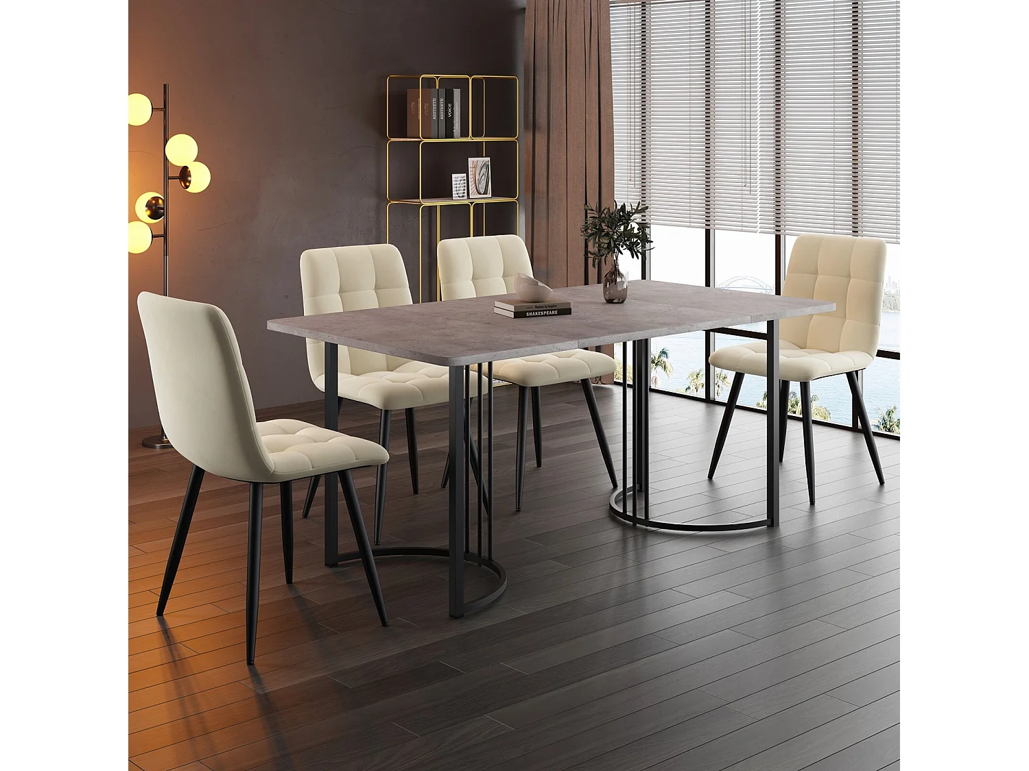 Table à manger avec 4 chaises ergonomique velours - effet marbre gris - MDF et cadre métallique - table pied réglable - 140x80x75cm