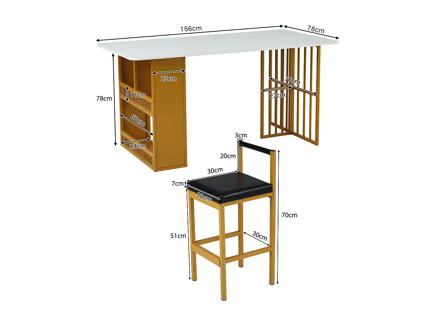 Tavolo da pranzo con ripiani di stoccaggio e sgabelli da 6 bar - design di lusso - pannelli di particelle - 156x78x78 cm - bianco e oro