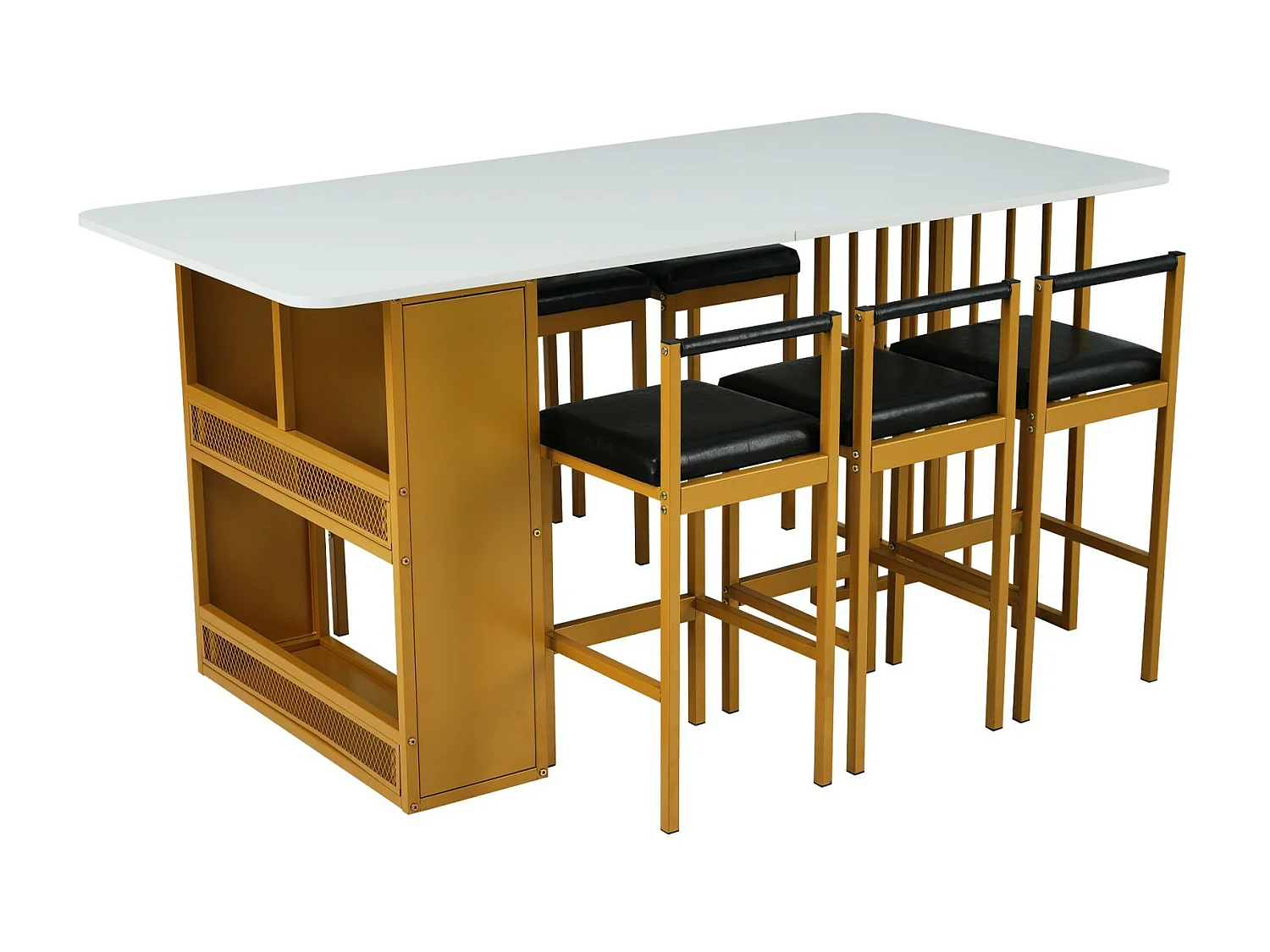 Tavolo da pranzo con ripiani di stoccaggio e sgabelli da 6 bar - design di lusso - pannelli di particelle - 156x78x78 cm - bianco e oro