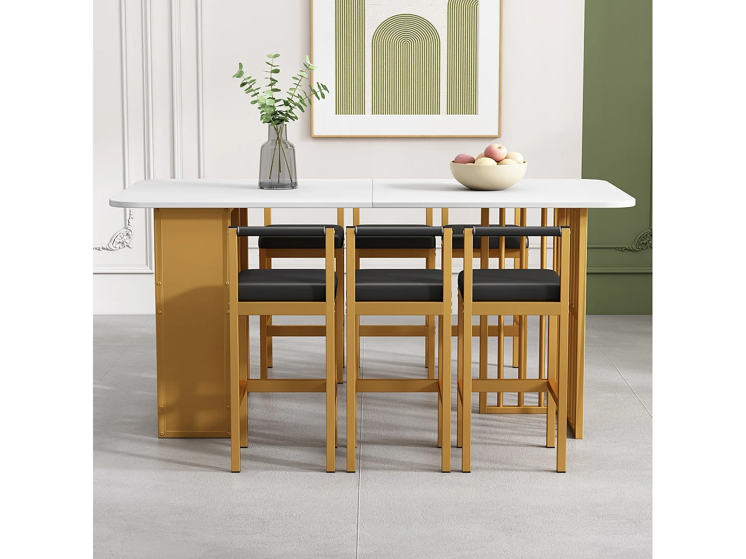 Tavolo da pranzo con ripiani di stoccaggio e sgabelli da 6 bar - design di lusso - pannelli di particelle - 156x78x78 cm - bianco e oro