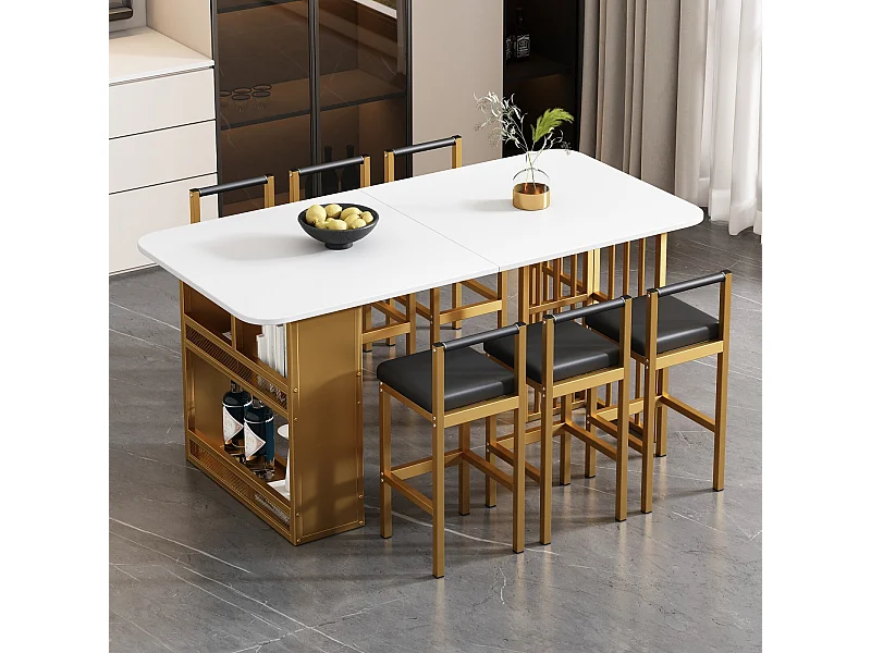 Table à manger avec étagères de rangement et 6 tabourets de bar - design luxe - panneaux de particules - 156x78x78cm - Blanc et Or