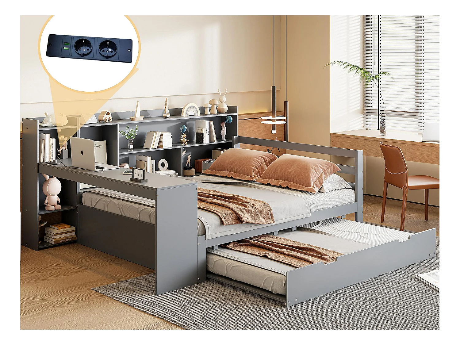 Canapé convertible en bois massif 140x200 cm - avec bureau + bibliothèque - compartiments de rangement + étagères - avec prises - avec lit gigogne - gris