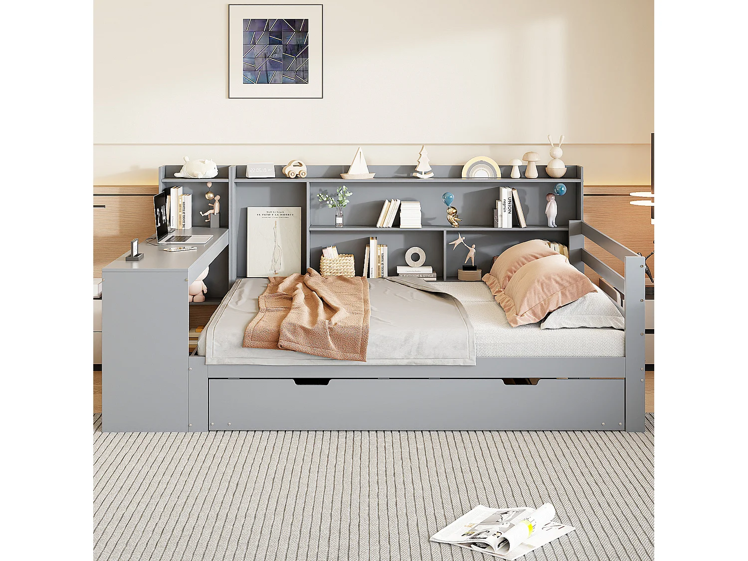 Kanapa rozkładana z litego drewna 140x200 cm - z biurkiem + biblioteczką - schowki + półki - z gniazdkami - z łóżkiem schowkowym - szary