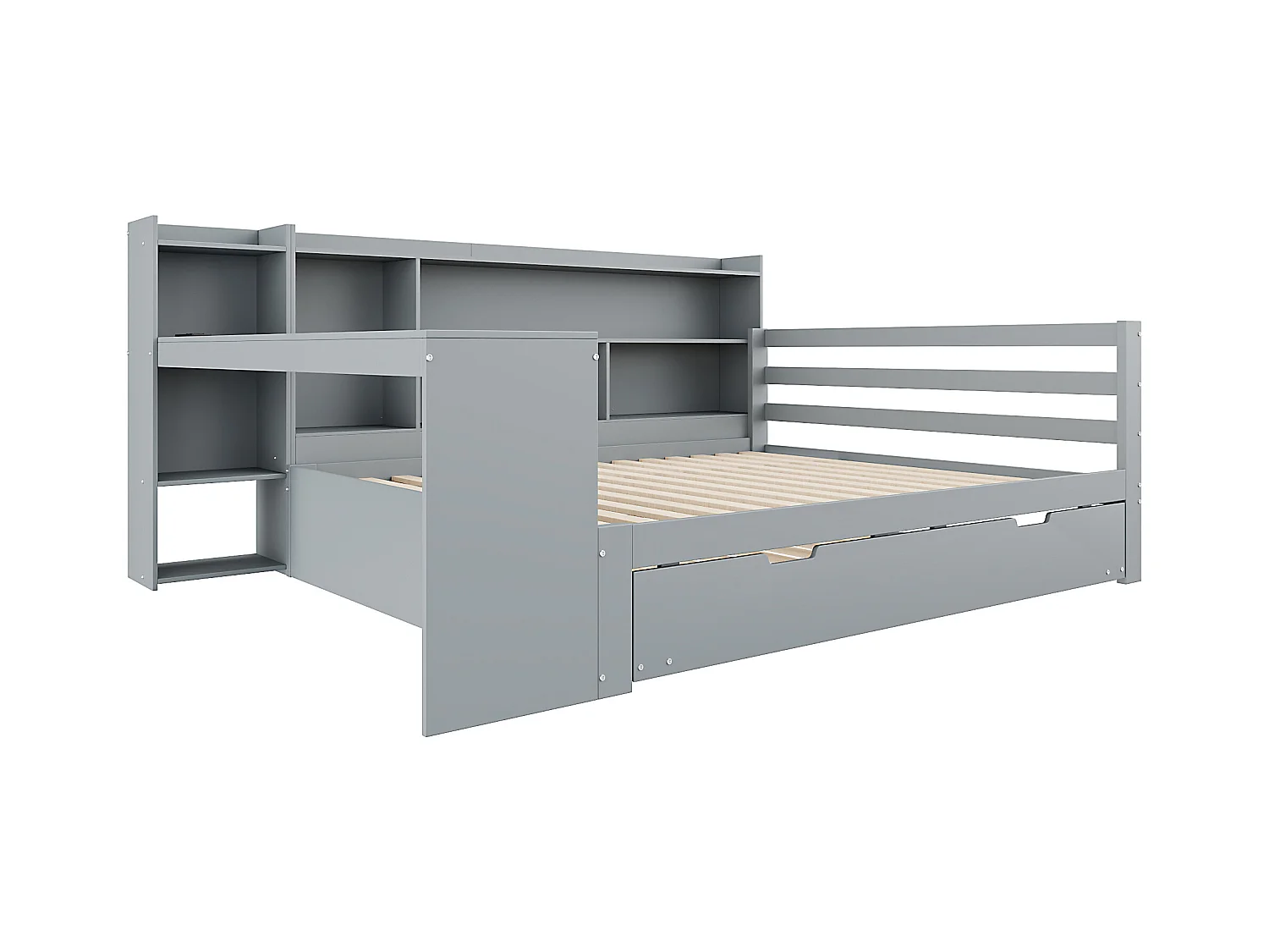 Kanapa rozkładana z litego drewna 140x200 cm - z biurkiem + biblioteczką - schowki + półki - z gniazdkami - z łóżkiem schowkowym - szary