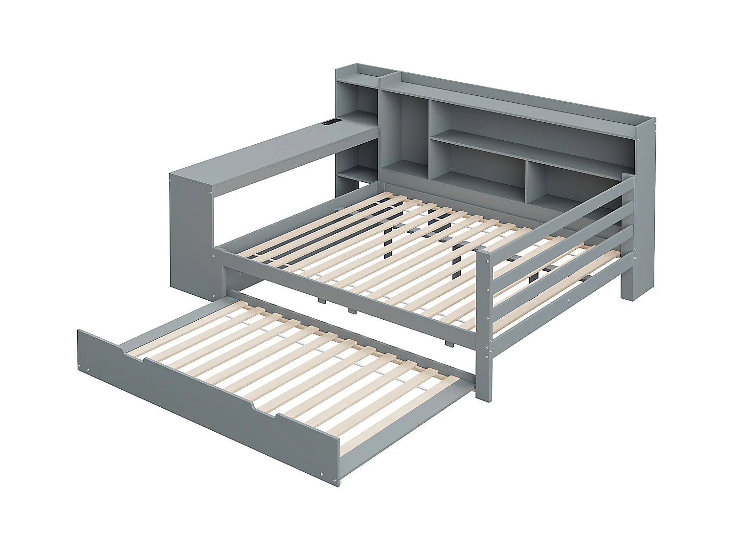 Kanapa rozkładana z litego drewna 140x200 cm - z biurkiem + biblioteczką - schowki + półki - z gniazdkami - z łóżkiem schowkowym - szary