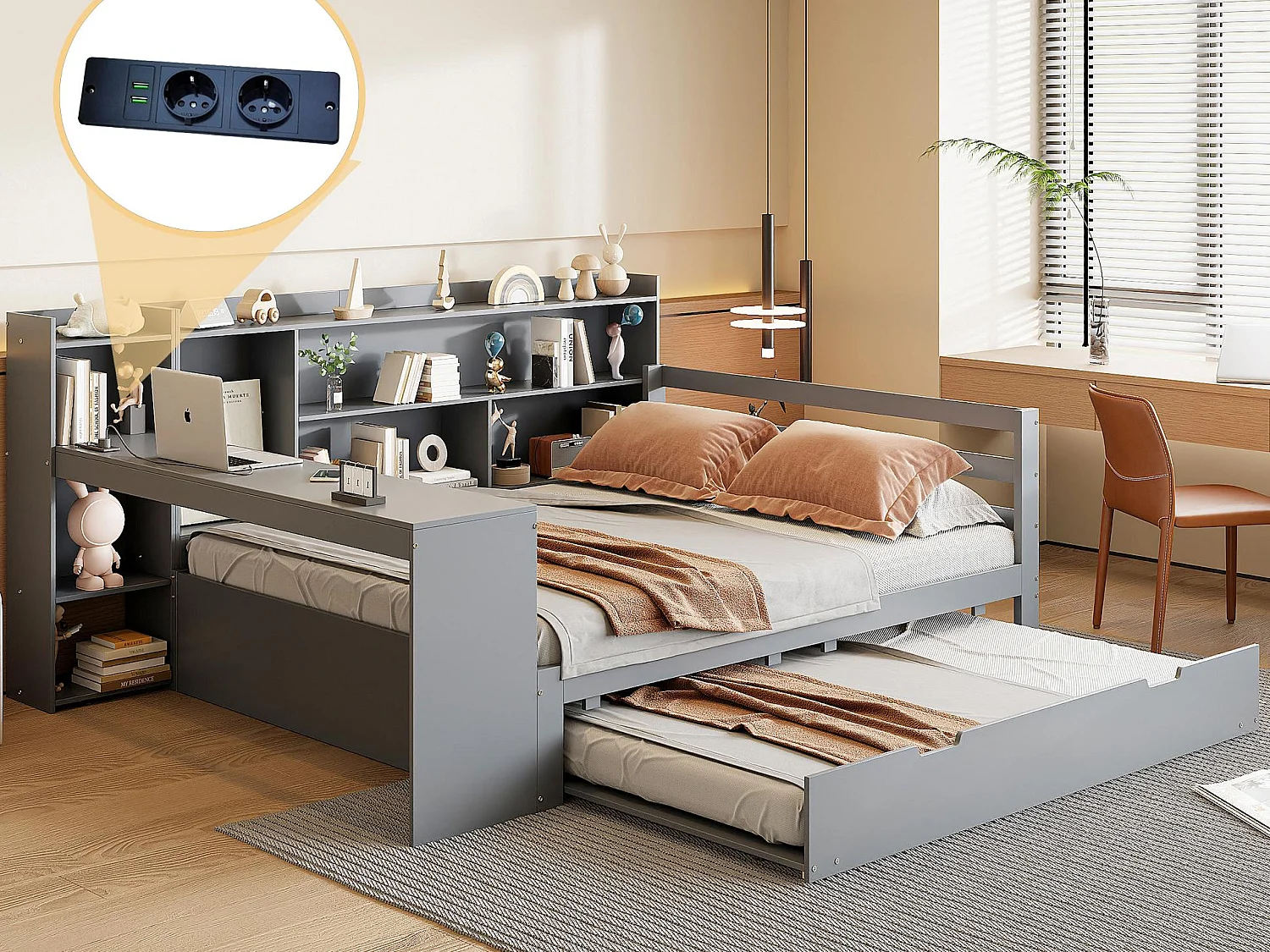 Inklapbare sofa van massief hout 140x200 cm - met bureau + boekenkast - opbergvakken + planken - met stopcontacten - met opbergbed - grijs