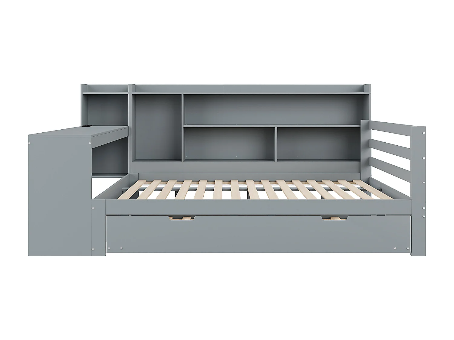 Inklapbare sofa van massief hout 140x200 cm - met bureau + boekenkast - opbergvakken + planken - met stopcontacten - met opbergbed - grijs