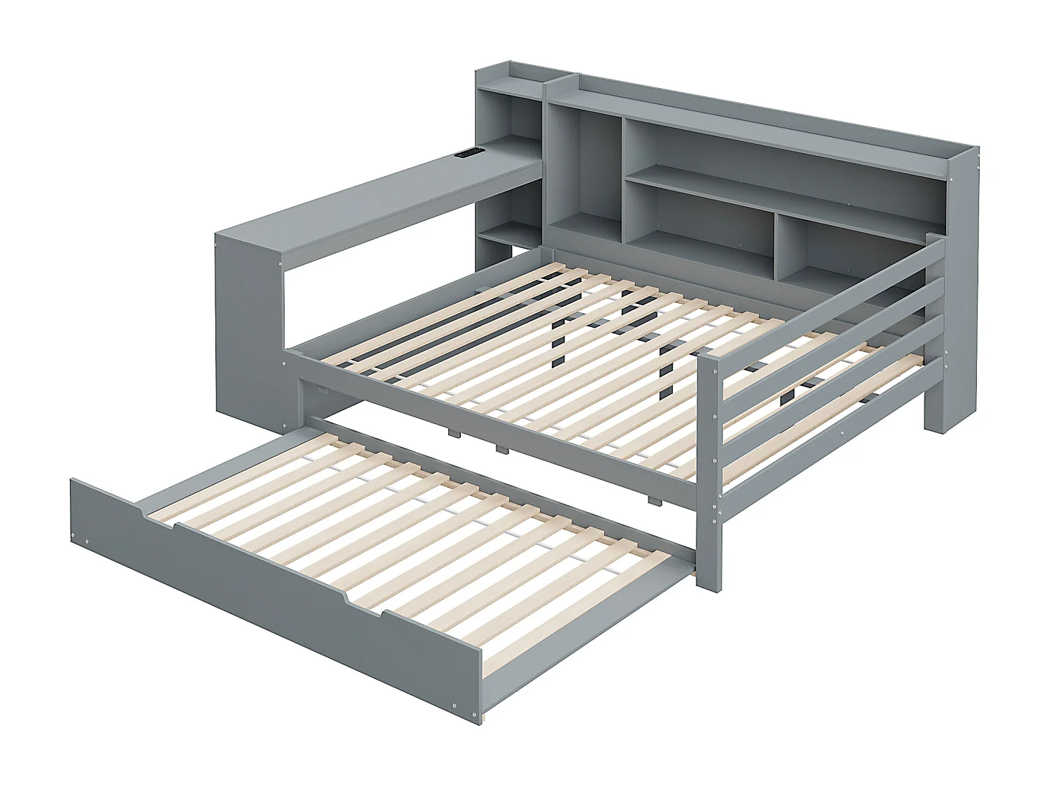 Inklapbare sofa van massief hout 140x200 cm - met bureau + boekenkast - opbergvakken + planken - met stopcontacten - met opbergbed - grijs
