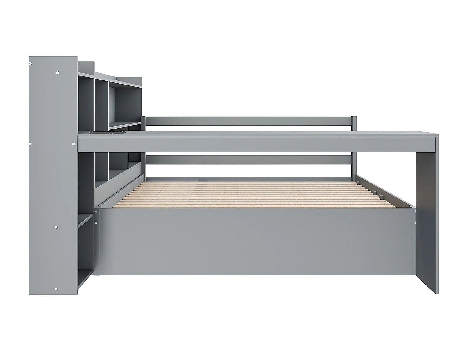 Inklapbare sofa van massief hout 140x200 cm - met bureau + boekenkast - opbergvakken + planken - met stopcontacten - met opbergbed - grijs