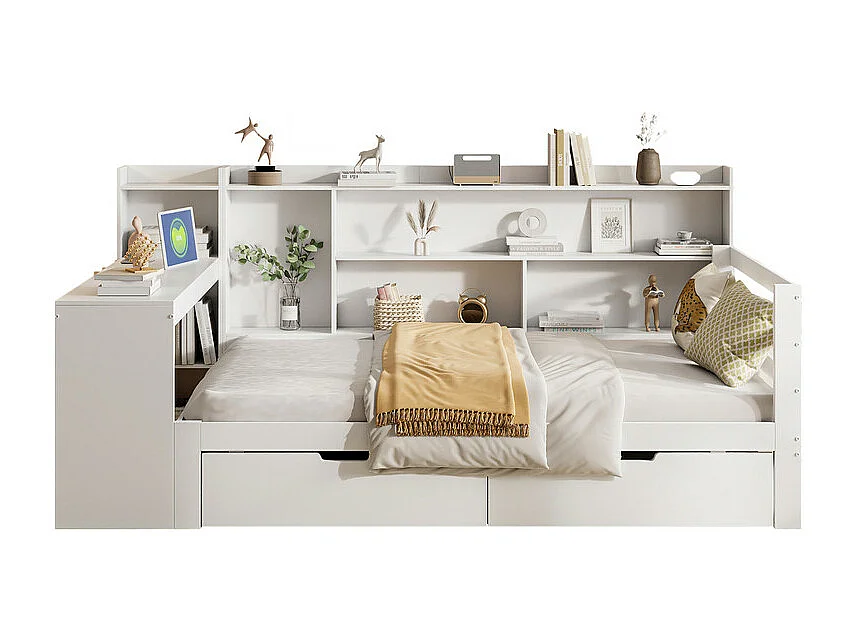 Canapé convertible en bois massif 90x200 cm - avec bureau - bibliothèque + étagère - avec prise - avec 2 grands tiroirs - blanc (sans matelas)
