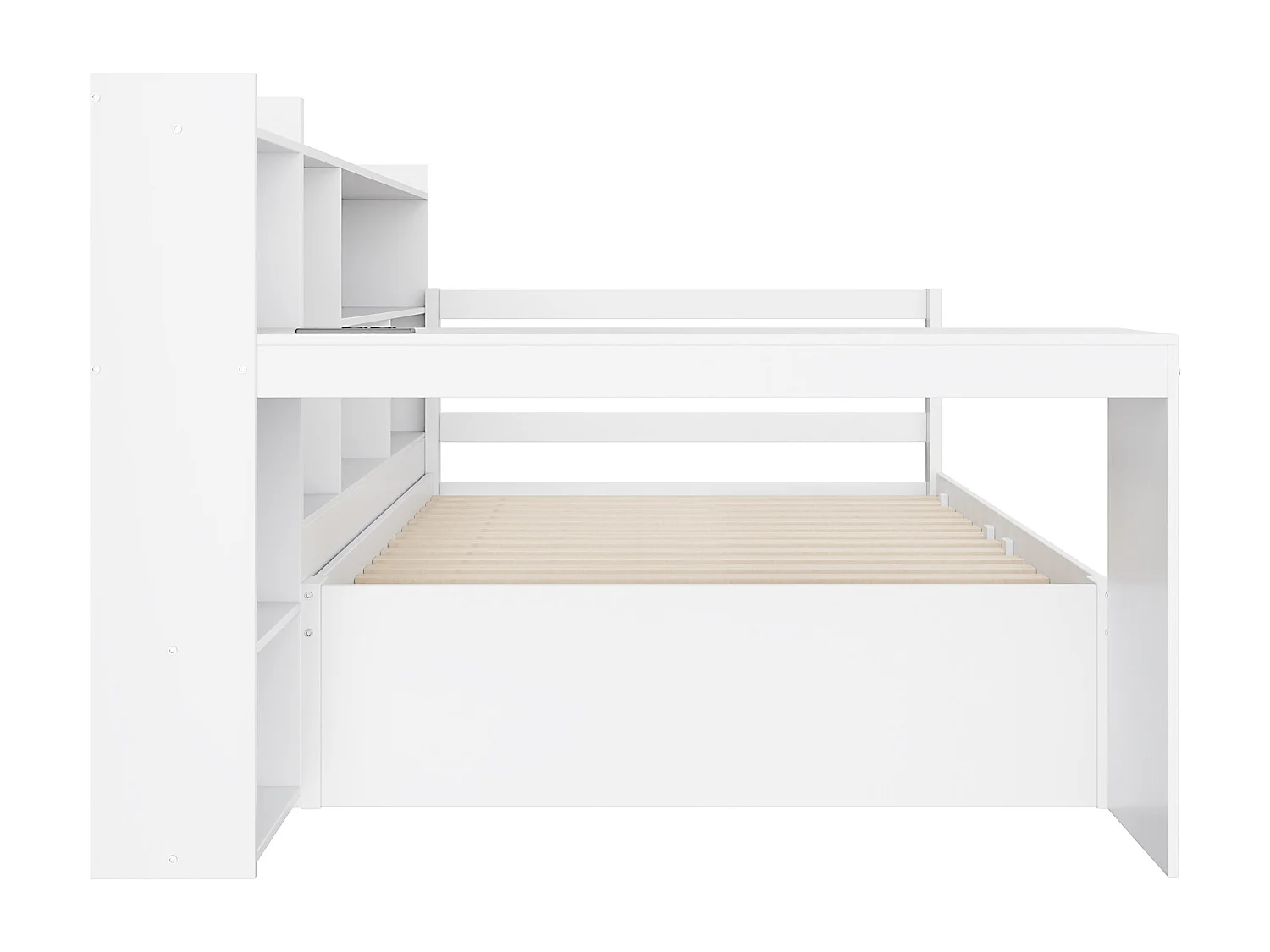 Canapé convertible en bois massif 90x200 cm - avec bureau - bibliothèque + étagère - avec prise - avec 2 grands tiroirs - blanc (sans matelas)