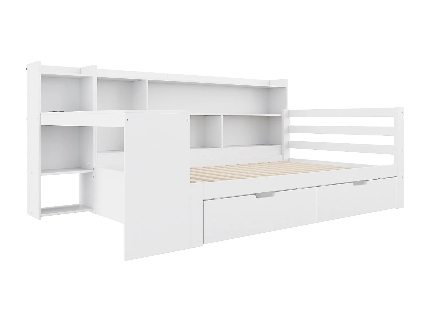 Canapé convertible en bois massif 90x200 cm - avec bureau - bibliothèque + étagère - avec prise - avec 2 grands tiroirs - blanc (sans matelas)