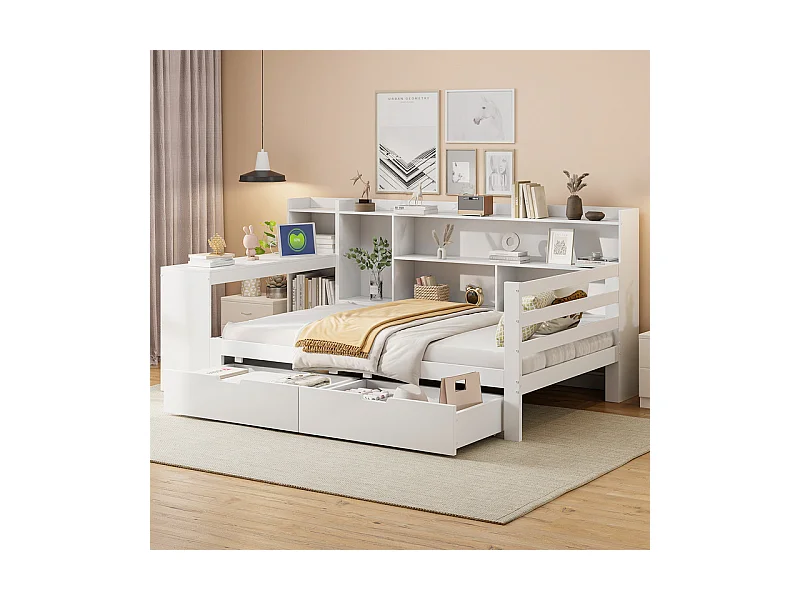 Canapé convertible en bois massif 90x200 cm - avec bureau - bibliothèque + étagère - avec prise - avec 2 grands tiroirs - blanc (sans matelas)