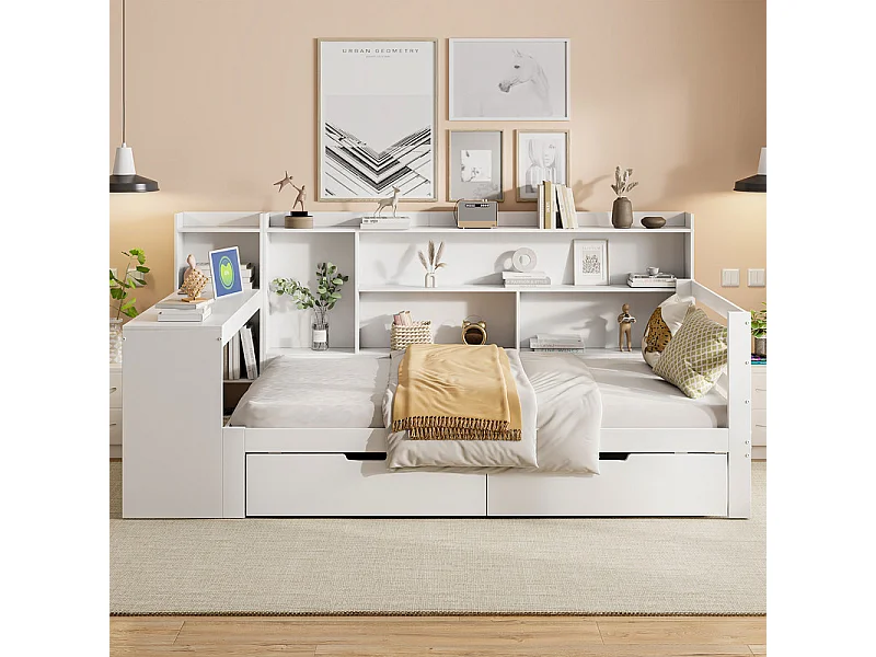 Canapé convertible en bois massif 90x200 cm - avec bureau - bibliothèque + étagère - avec prise - avec 2 grands tiroirs - blanc (sans matelas)