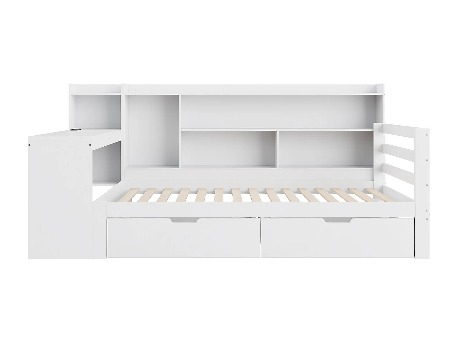 Canapé convertible en bois massif 90x200 cm - avec bureau - bibliothèque + étagère - avec prise - avec 2 grands tiroirs - blanc (sans matelas)