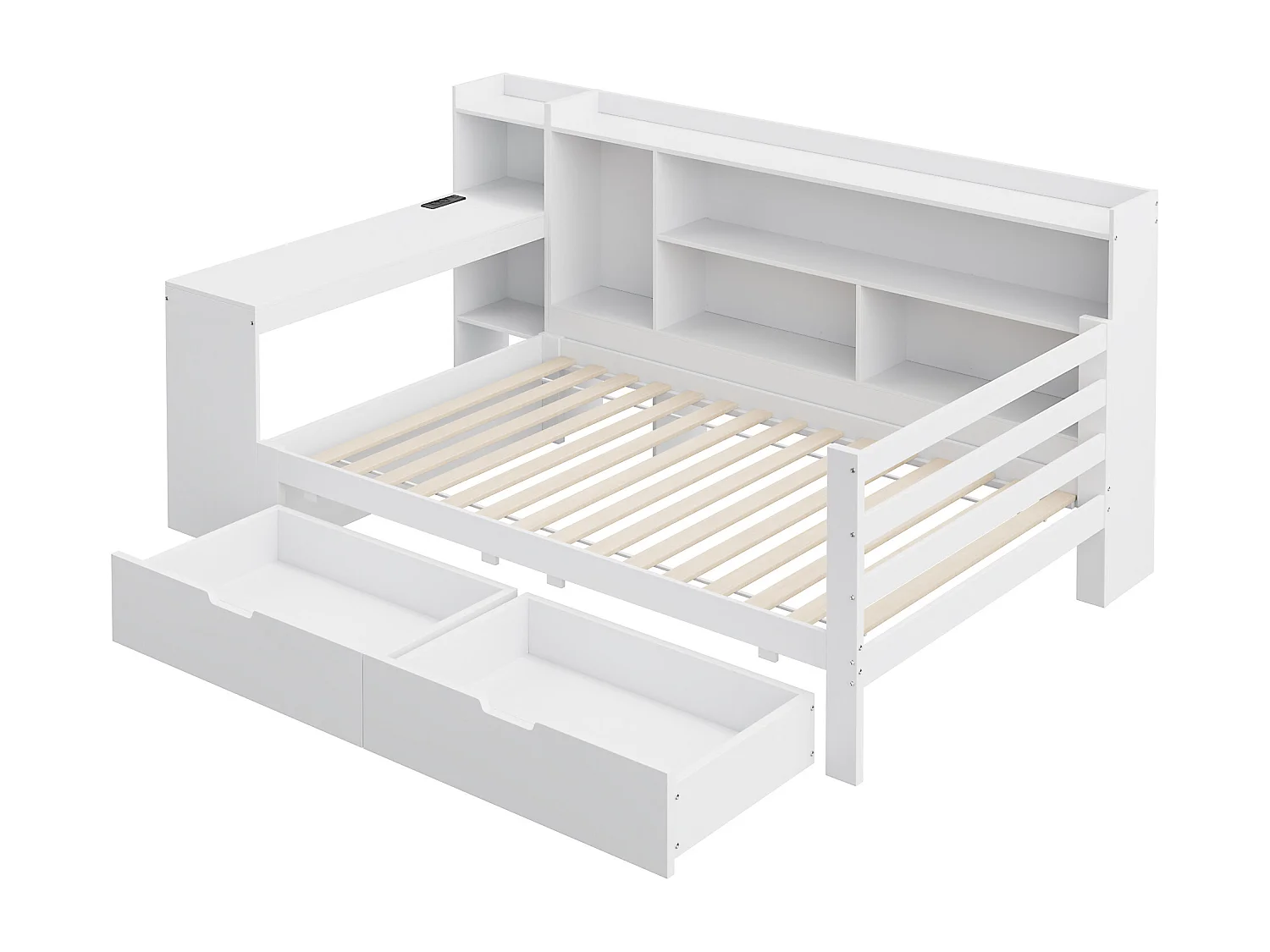 Canapé convertible en bois massif 90x200 cm - avec bureau - bibliothèque + étagère - avec prise - avec 2 grands tiroirs - blanc (sans matelas)