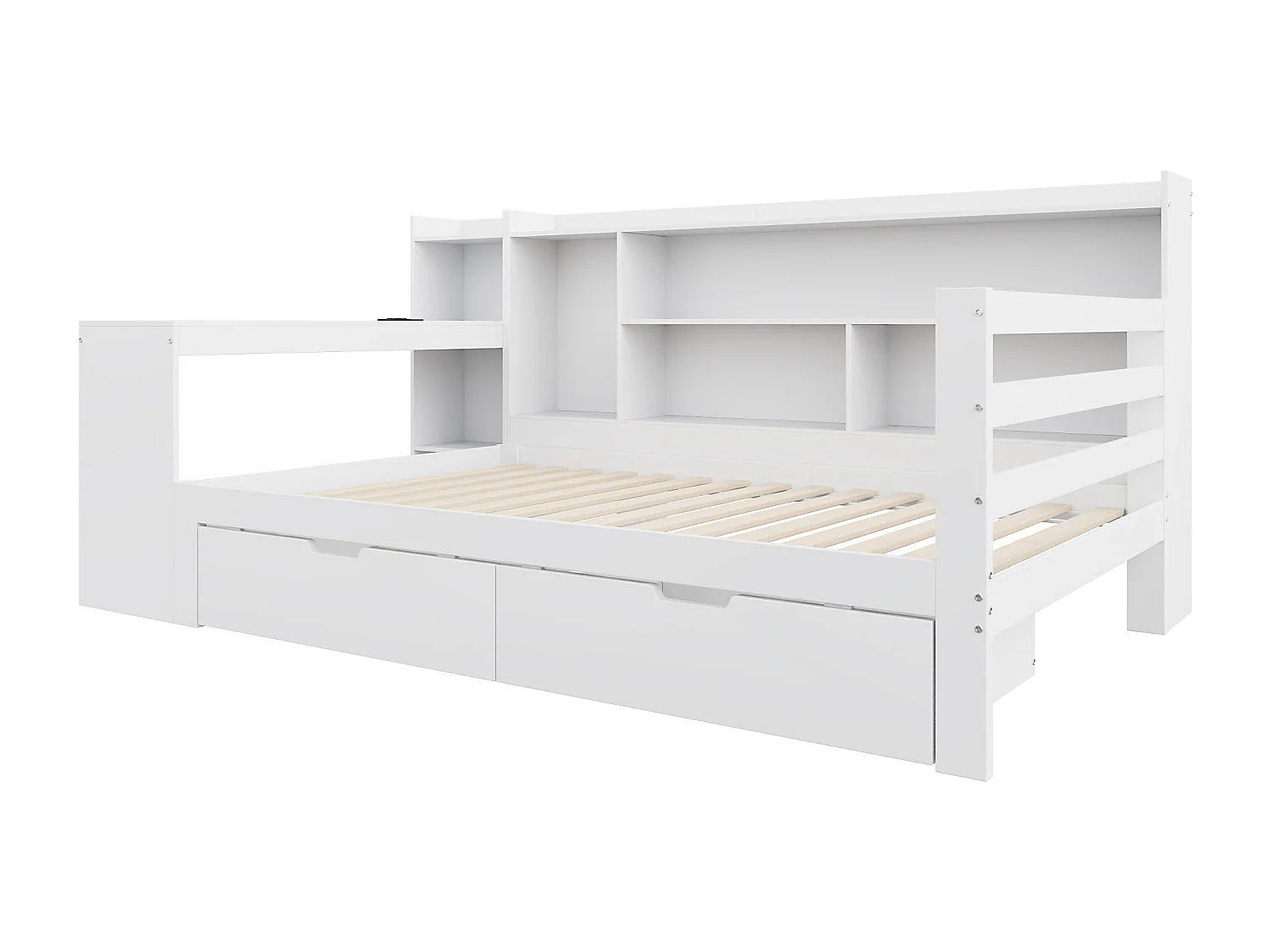 Canapé convertible en bois massif 90x200 cm - avec bureau - bibliothèque + étagère - avec prise - avec 2 grands tiroirs - blanc (sans matelas)