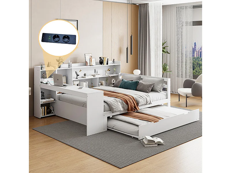 Divano letto in legno massello 140x200 cm - con scrivania + libreria - vani portaoggetti + ripiani - con prese - con letto estraibile - bianco