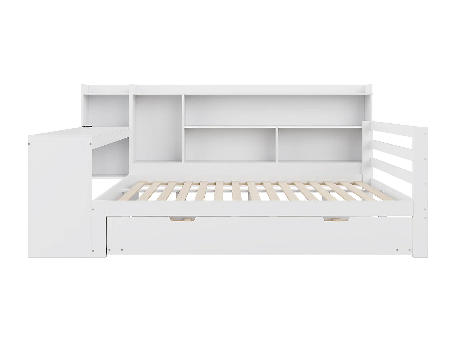 Divano letto in legno massello 140x200 cm - con scrivania + libreria - vani portaoggetti + ripiani - con prese - con letto estraibile - bianco