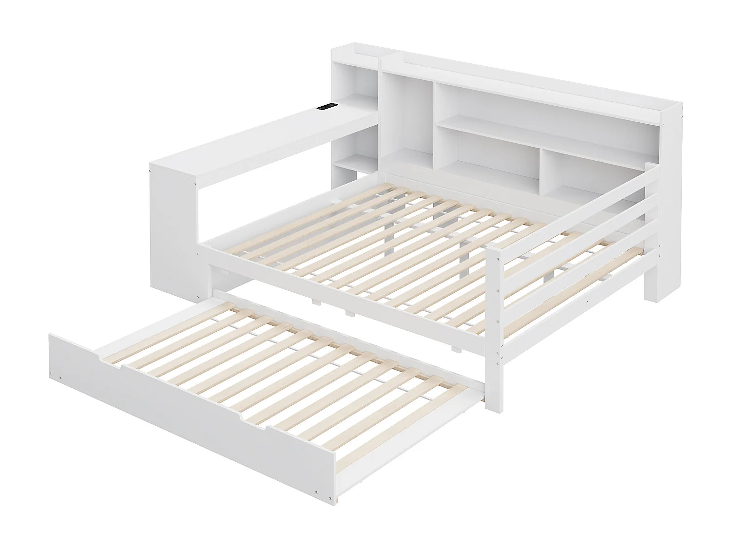 Divano letto in legno massello 140x200 cm - con scrivania + libreria - vani portaoggetti + ripiani - con prese - con letto estraibile - bianco