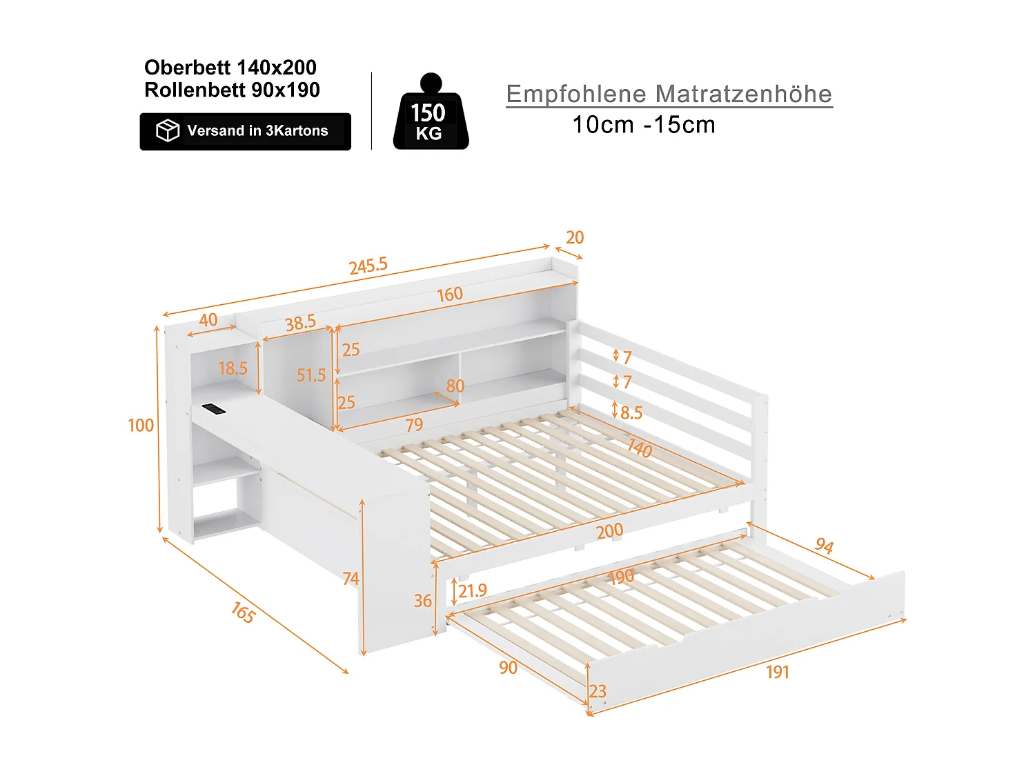 Sofa z funkcją spania z litego drewna 140x200 cm - z biurkiem + regałem - schowkami + półkami - z gniazdkami - z łóżkiem wysuwanym - biała