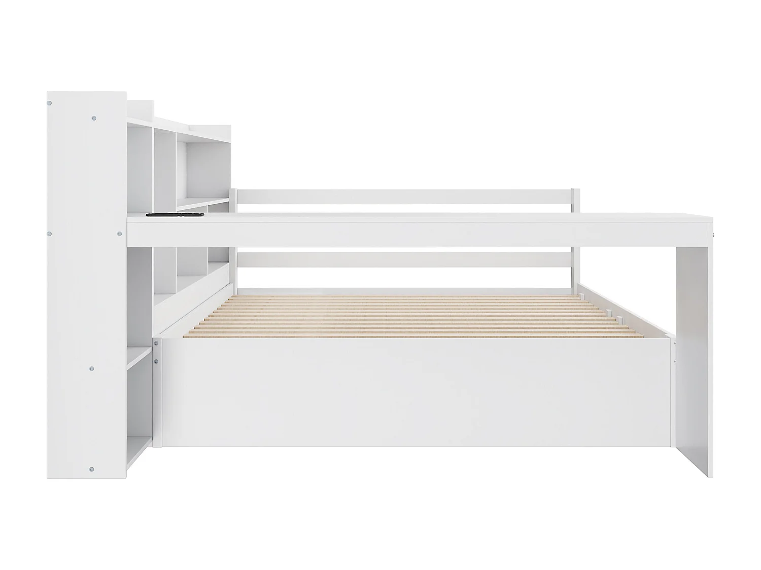 Sofa z funkcją spania z litego drewna 140x200 cm - z biurkiem + regałem - schowkami + półkami - z gniazdkami - z łóżkiem wysuwanym - biała