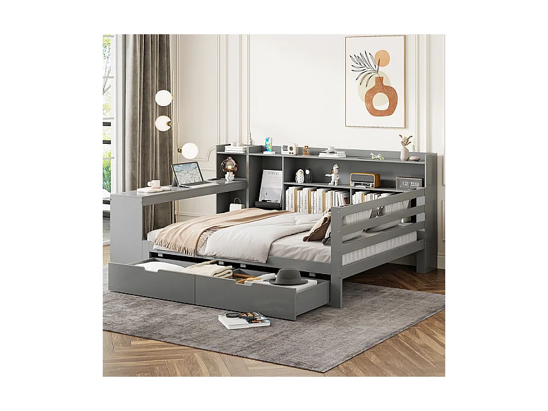 Canapé convertible en bois massif 140x200 cm - avec bureau - bibliothèque + étagère - avec prise - avec 2 grands tiroirs - blanc (sans matelas)