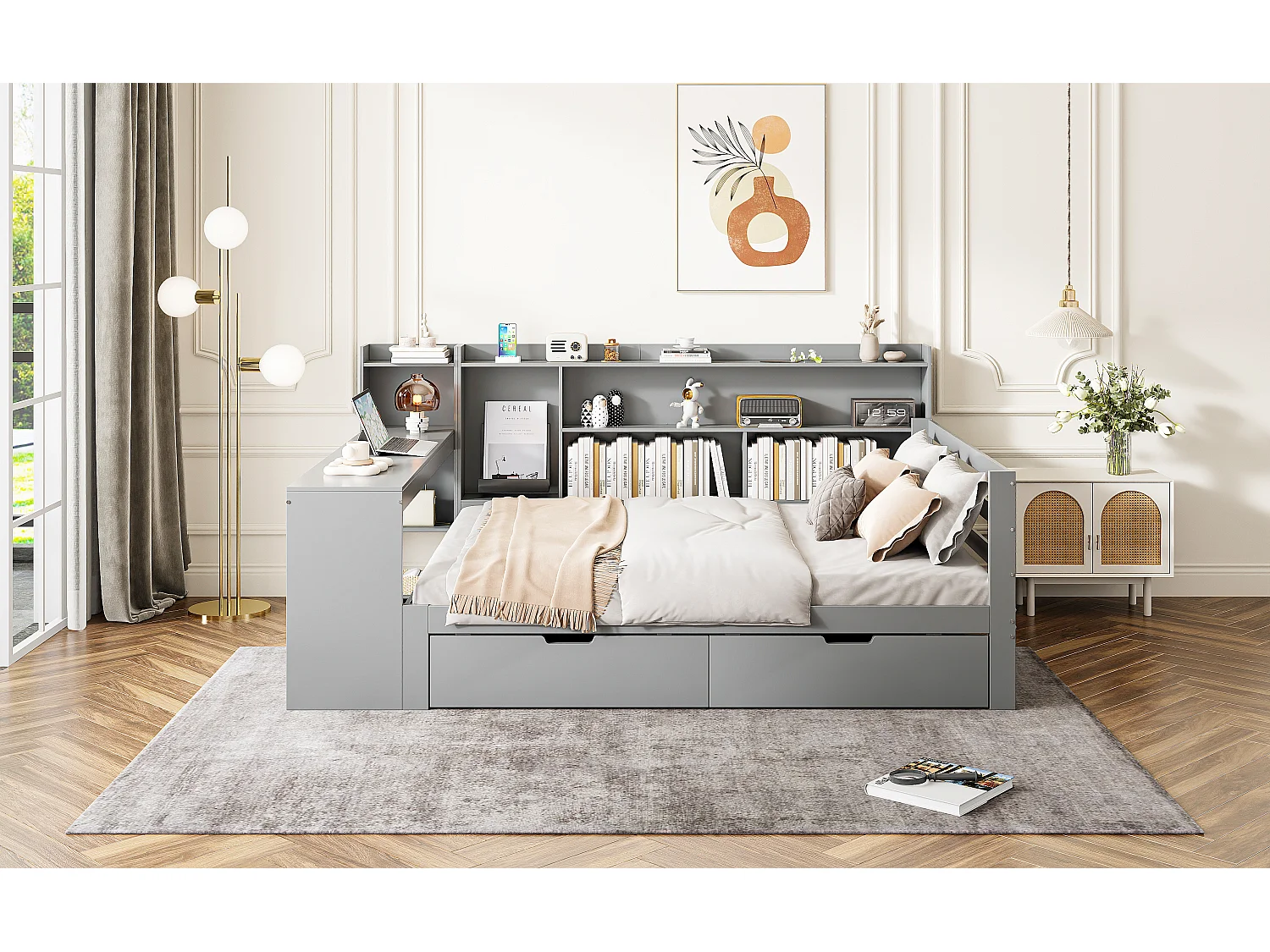 Canapé convertible en bois massif 140x200 cm - avec bureau - bibliothèque + étagère - avec prise - avec 2 grands tiroirs - blanc (sans matelas)