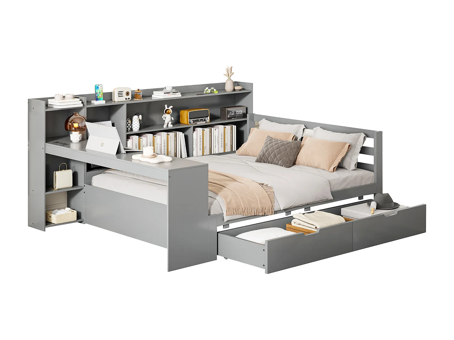 Canapé convertible en bois massif 140x200 cm - avec bureau - bibliothèque + étagère - avec prise - avec 2 grands tiroirs - blanc (sans matelas)