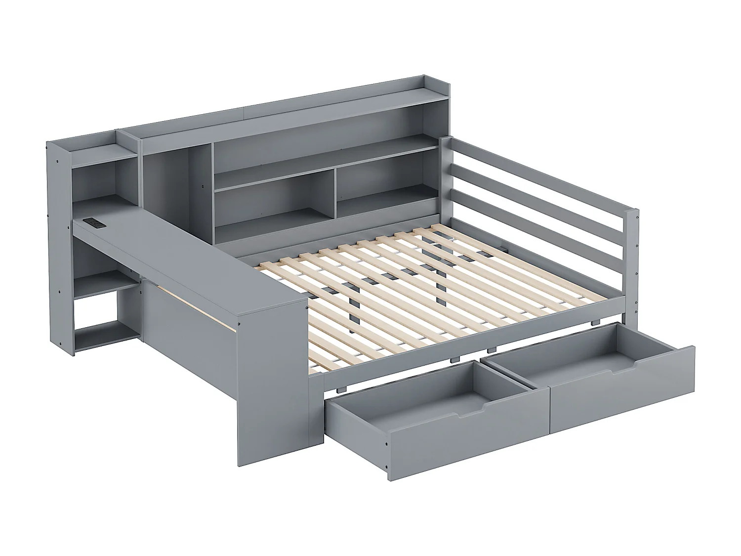 Canapé convertible en bois massif 140x200 cm - avec bureau - bibliothèque + étagère - avec prise - avec 2 grands tiroirs - blanc (sans matelas)
