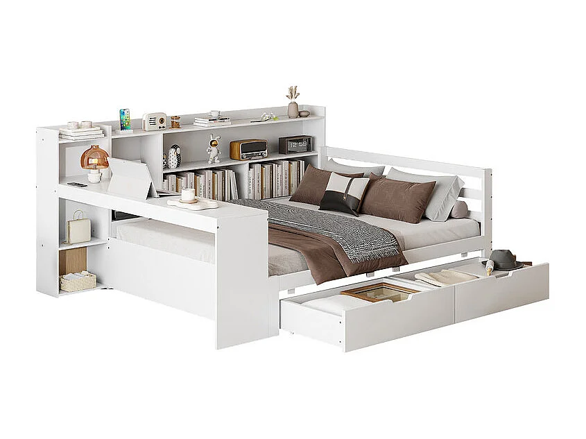 Massief houten slaapbank 140x200 cm - met bureau - boekenkast + plank - met stopcontact - met 2 grote lades - wit (zonder matras)