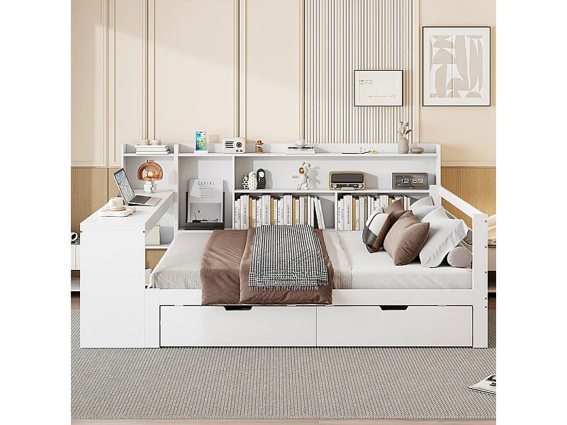 Massief houten slaapbank 140x200 cm - met bureau - boekenkast + plank - met stopcontact - met 2 grote lades - wit (zonder matras)