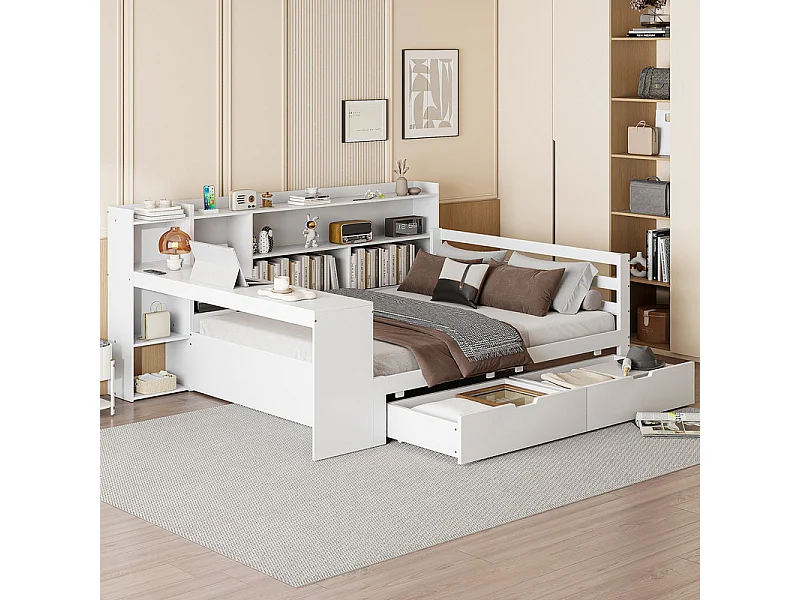 Massief houten slaapbank 140x200 cm - met bureau - boekenkast + plank - met stopcontact - met 2 grote lades - wit (zonder matras)