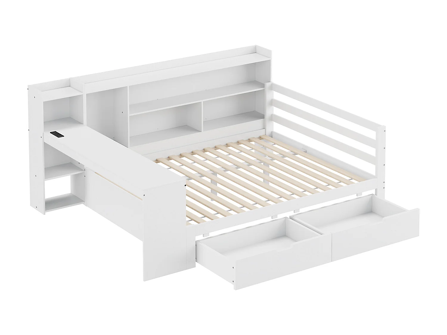 Massief houten slaapbank 140x200 cm - met bureau - boekenkast + plank - met stopcontact - met 2 grote lades - wit (zonder matras)