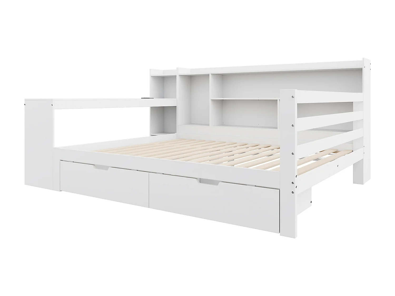 Massief houten slaapbank 140x200 cm - met bureau - boekenkast + plank - met stopcontact - met 2 grote lades - wit (zonder matras)