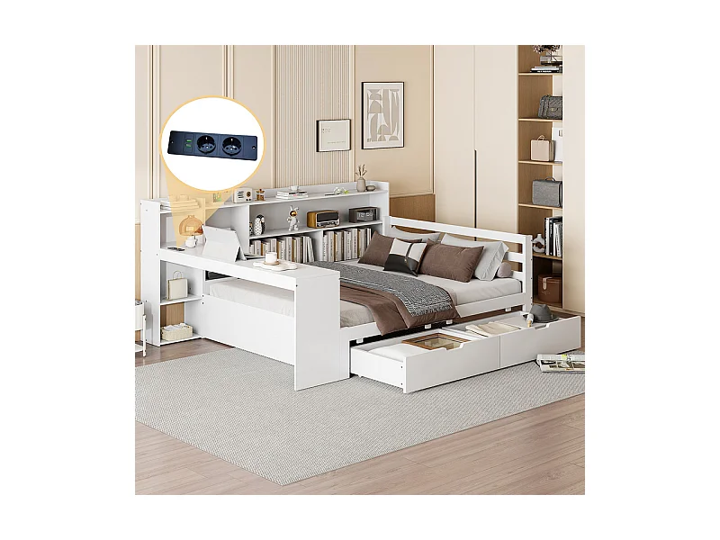 Canapé convertible en bois massif 140x200 cm - avec bureau - bibliothèque + étagère - avec prise - avec 2 grands tiroirs - blanc (sans matelas)