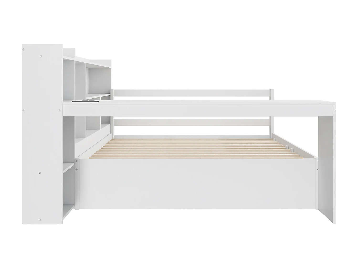 Sofá cama de madera maciza 140x200 cm - con escritorio - estantería + estante - con enchufe - con 2 cajones grandes - blanco (sin colchón)