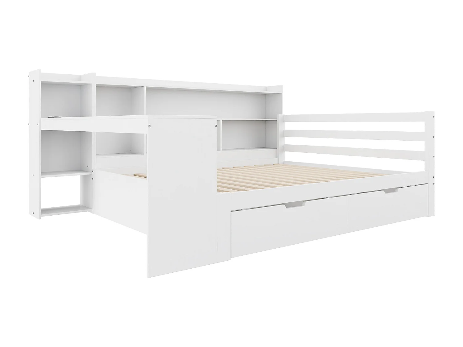 Sofá cama de madera maciza 140x200 cm - con escritorio - estantería + estante - con enchufe - con 2 cajones grandes - blanco (sin colchón)