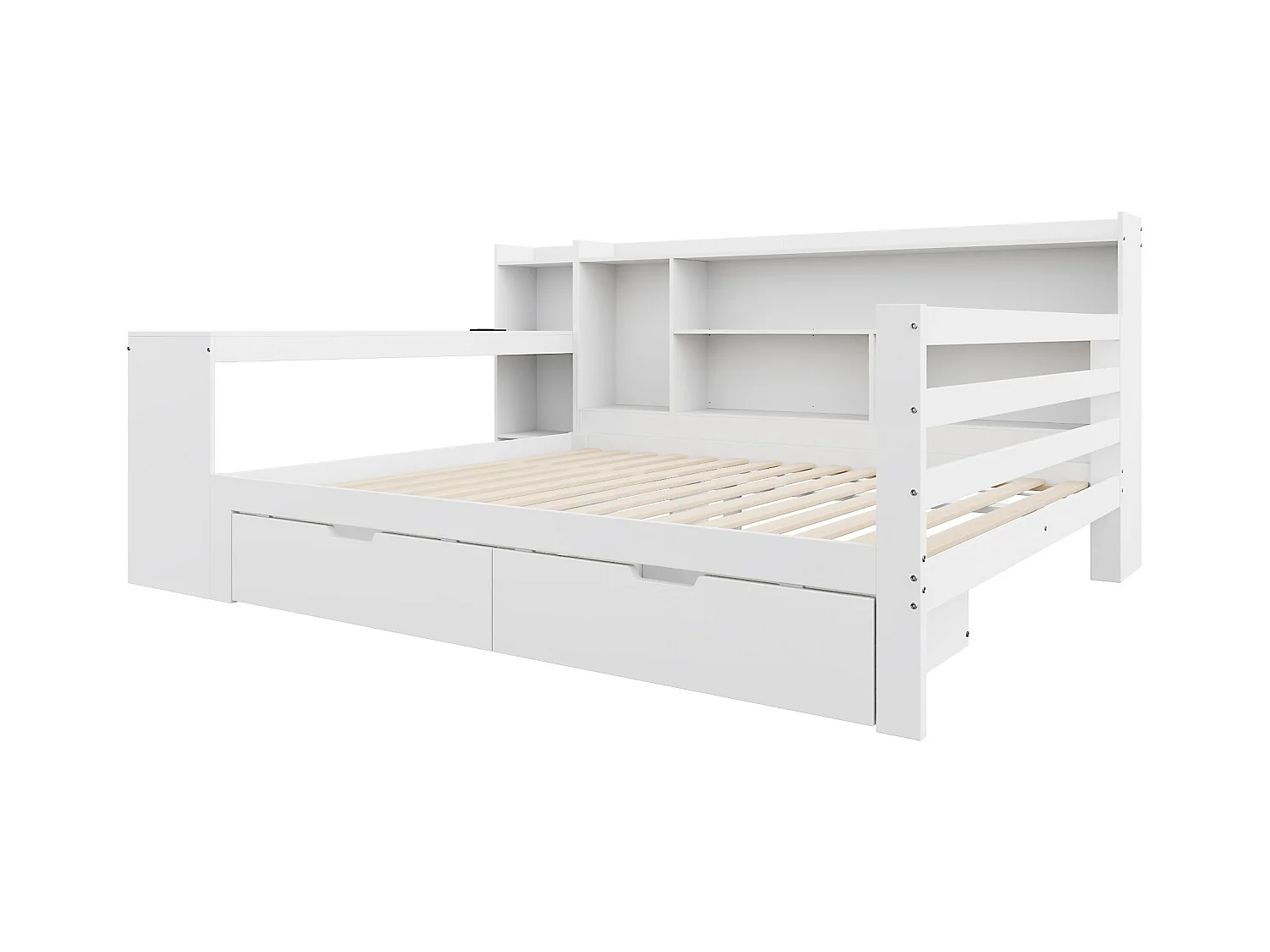 Sofá cama de madera maciza 140x200 cm - con escritorio - estantería + estante - con enchufe - con 2 cajones grandes - blanco (sin colchón)