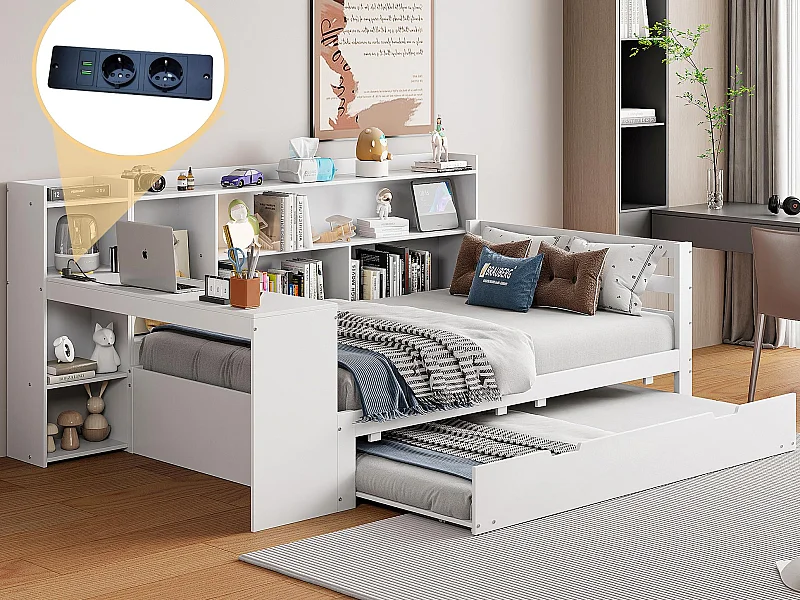Massivholz Schlafsofa 90x200cm - mit Schreibtisch + Regal - Staufächer + Ablageflächen - mit Steckdosen - mit Ausziehbett - weiß