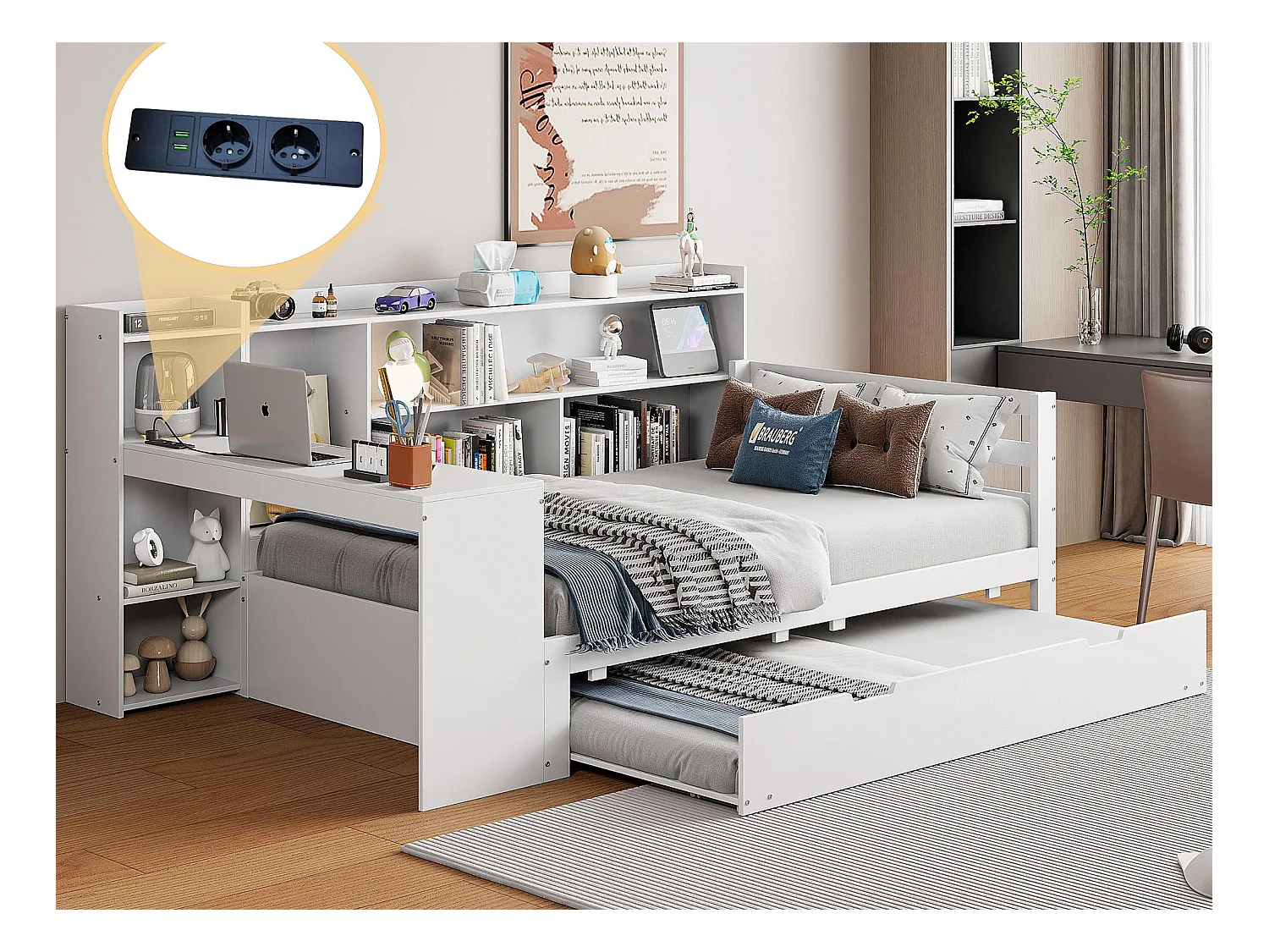 Canapé convertible en bois massif 90x200 cm - avec bureau + bibliothèque - compartiments de rangement + étagères - avec prises - avec lit gigogne - blanc
