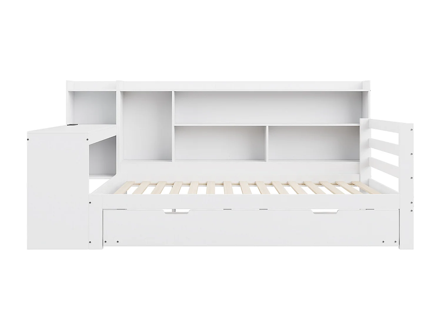 Canapé convertible en bois massif 90x200 cm - avec bureau + bibliothèque - compartiments de rangement + étagères - avec prises - avec lit gigogne - blanc