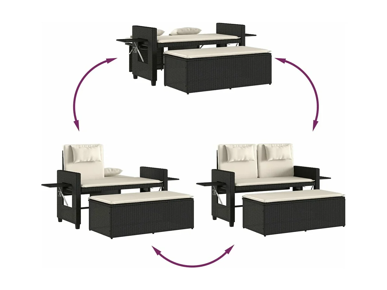 Sillón reclinable de jardín con cojines ratán sintético negro