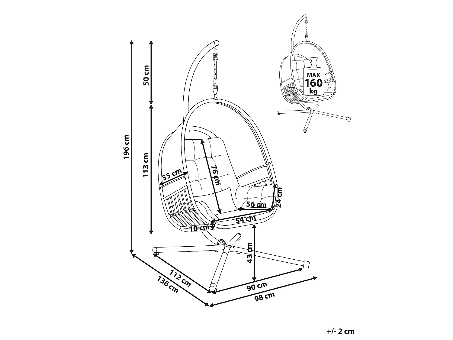 Fauteuil suspendu avec support ALVIANO Tissu Gris clair