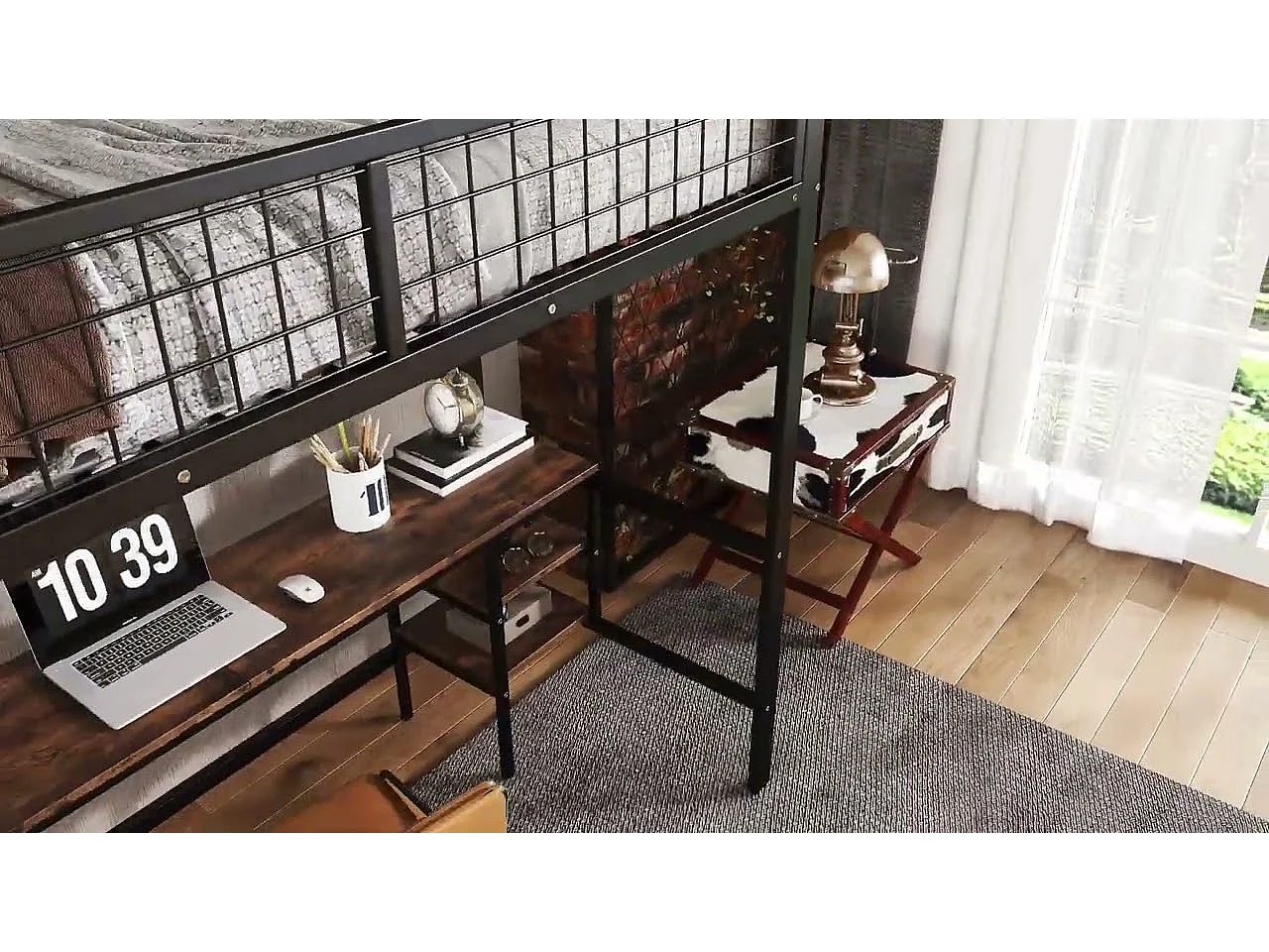 Letto a soppalco 90x200cm - con tavolo + mensola - con scala a quattro gradini - ferro + truciolato - nero (senza materasso)