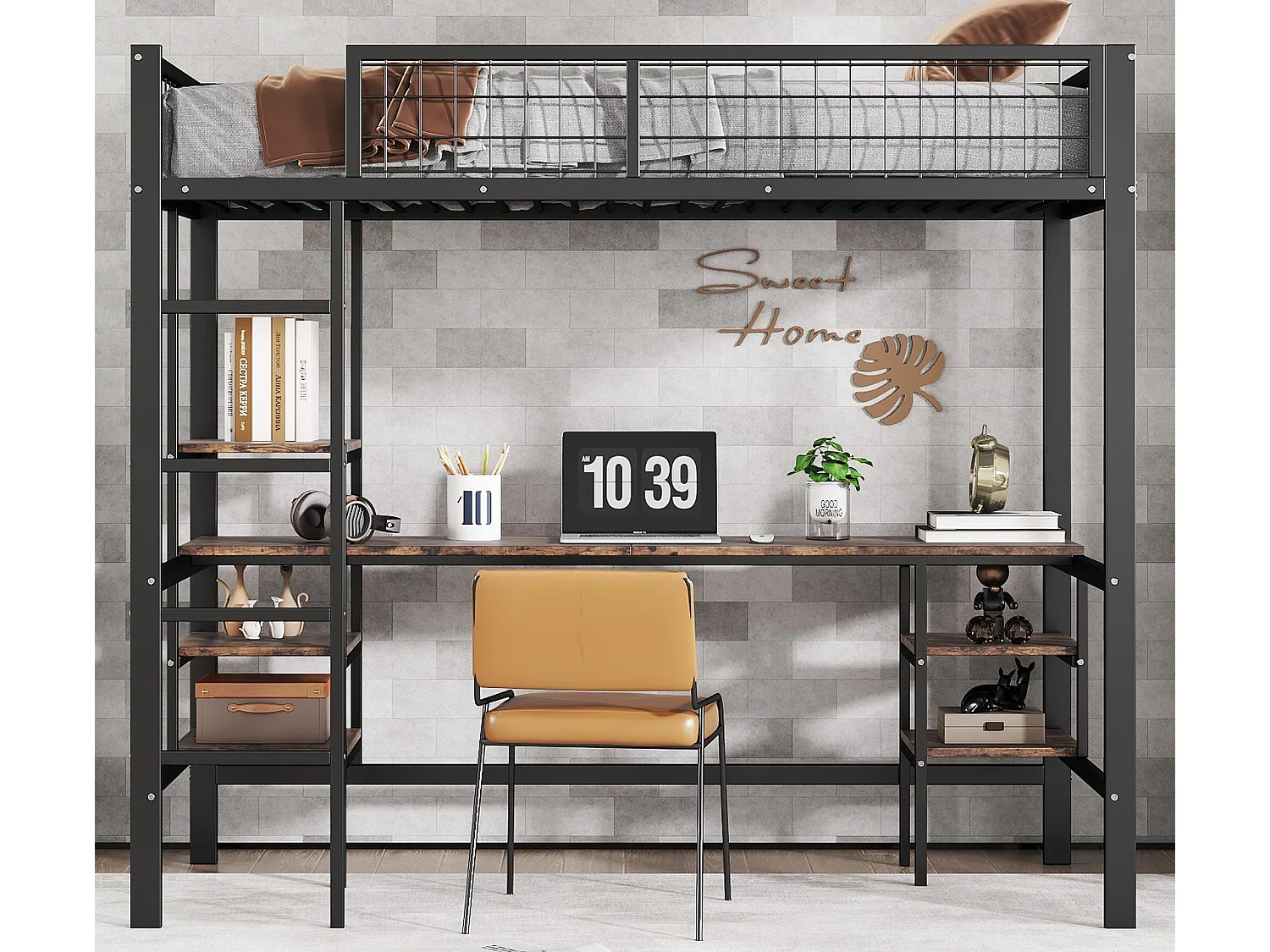 Letto a soppalco 90x200cm - con tavolo + mensola - con scala a quattro gradini - ferro + truciolato - nero (senza materasso)