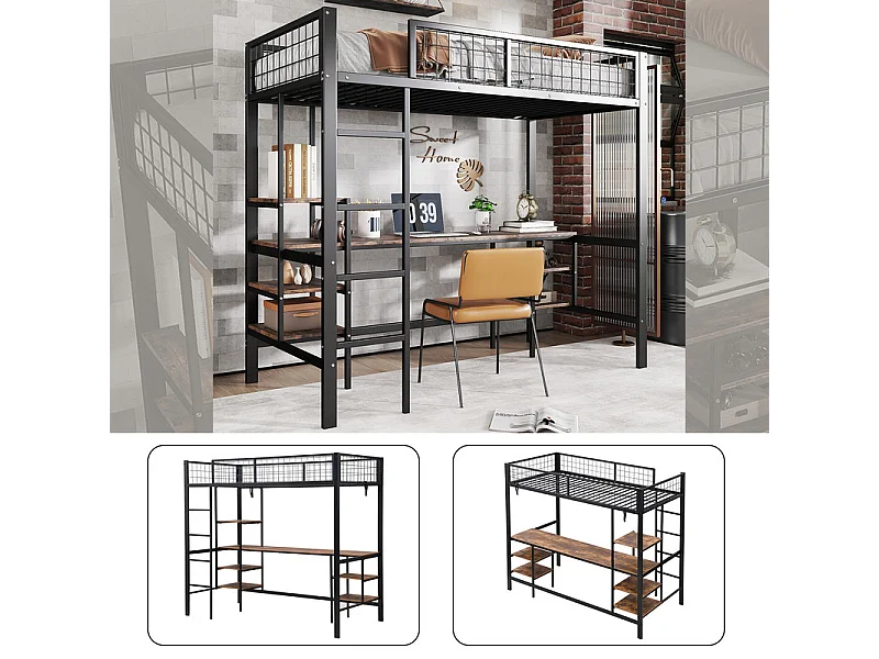 Letto a soppalco 90x200cm - con tavolo + mensola - con scala a quattro gradini - ferro + truciolato - nero (senza materasso)