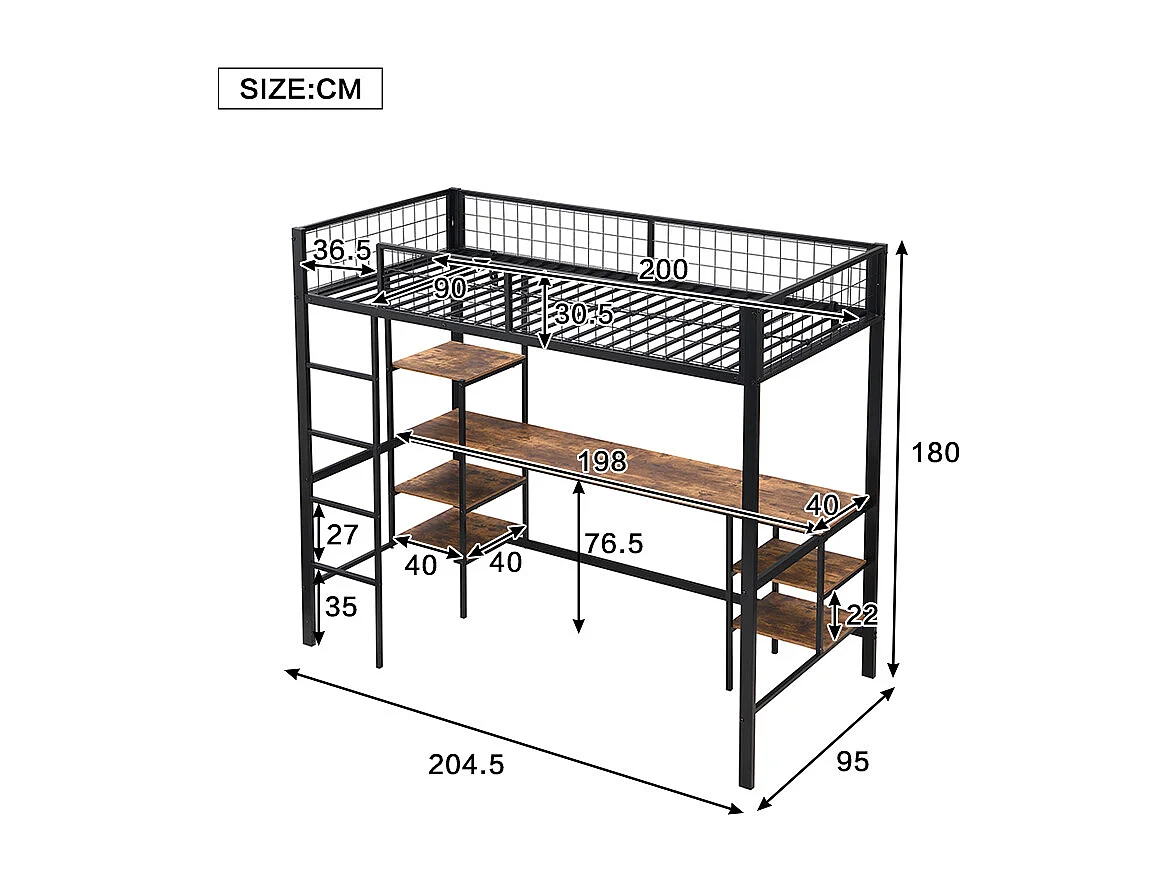 Hochbett 90x200cm - mit Tisch + Regal - mit vierstufiger Leiter - Eisen + Spanplatte - schwarz (ohne Matratze)