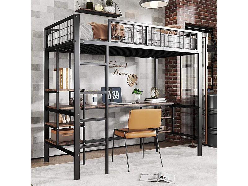 Hochbett 90x200cm - mit Tisch + Regal - mit vierstufiger Leiter - Eisen + Spanplatte - schwarz (ohne Matratze)